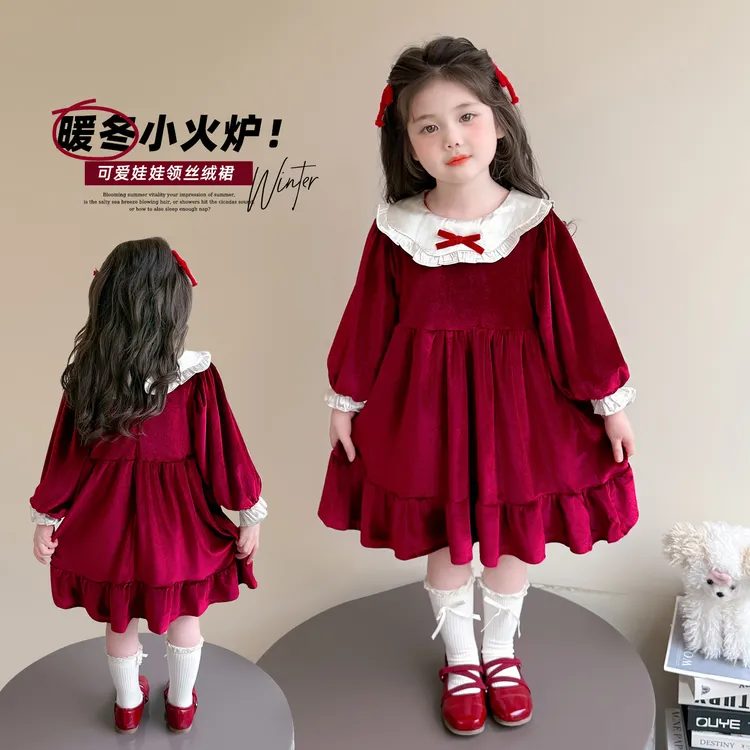 女童连衣裙新年加绒公主裙3-6岁长袖宝宝女宝小女孩红色裙子时尚