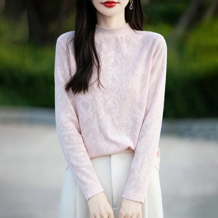 国风立领镂空提花薄款内搭女春秋2025新款叠穿打底衫蕾丝针织衫