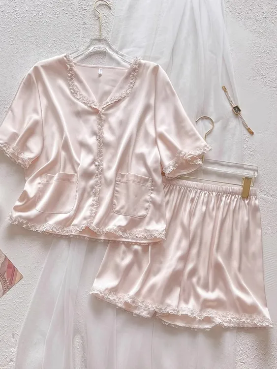 甜美小翻领缎面冰丝睡衣女蕾丝花边夏季新款家居服送闺蜜生日礼物