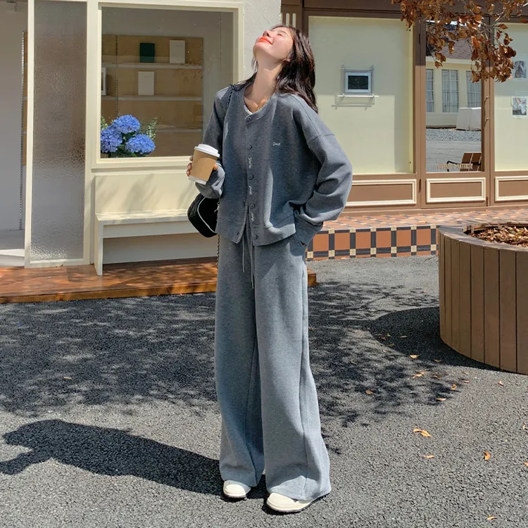 韩系简约休闲运动套装女秋2025新款圆领字母开衫卫衣阔腿裤两件套