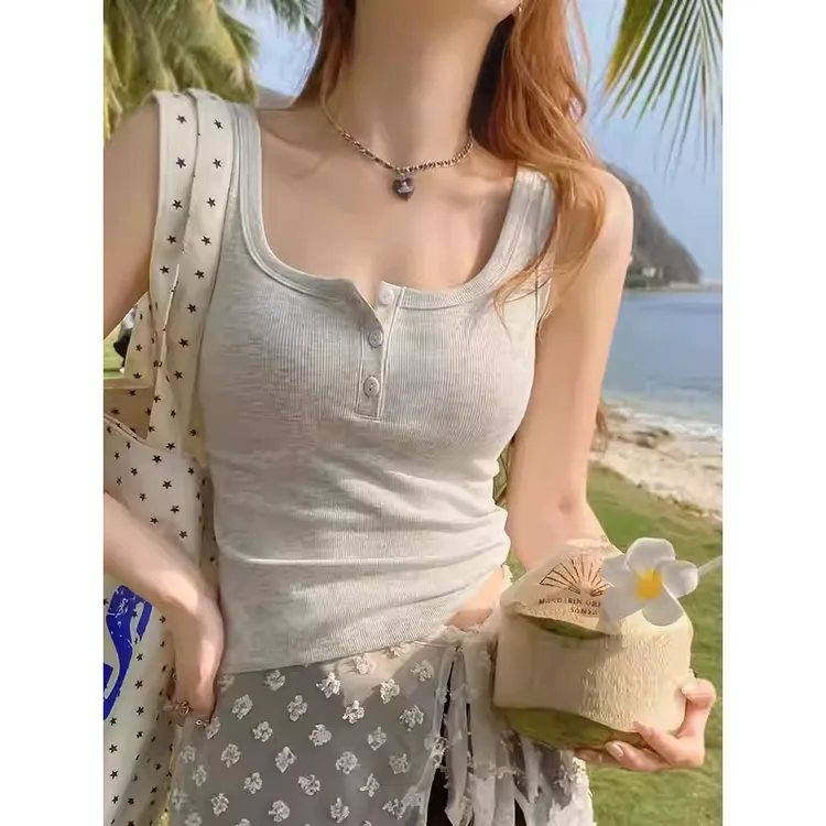 1122-背心女2025夏季排扣短款紧身螺纹U领打底衫显瘦外穿潮