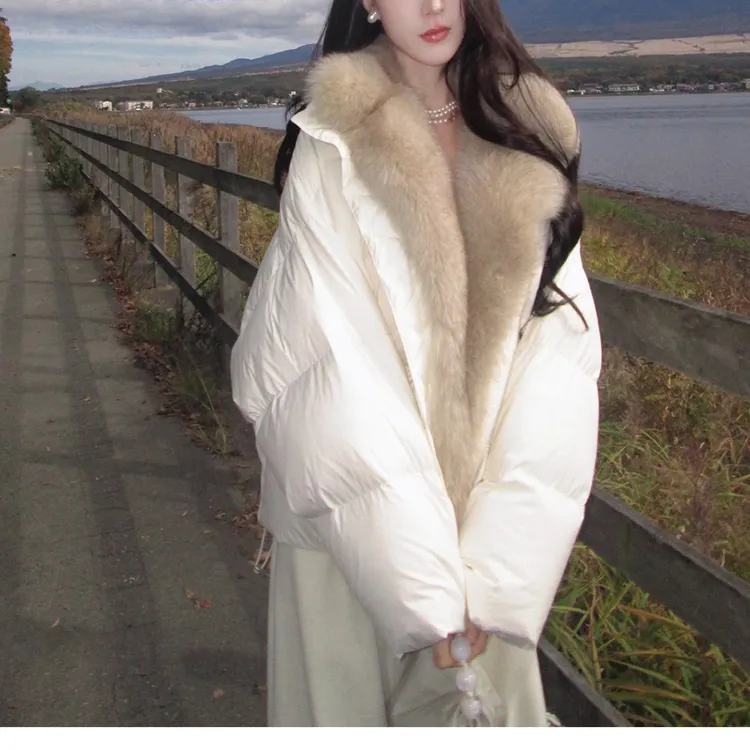 拒绝臃肿保暖短款大毛领可拆卸羽绒服白色派克服女外套轻盈保暖