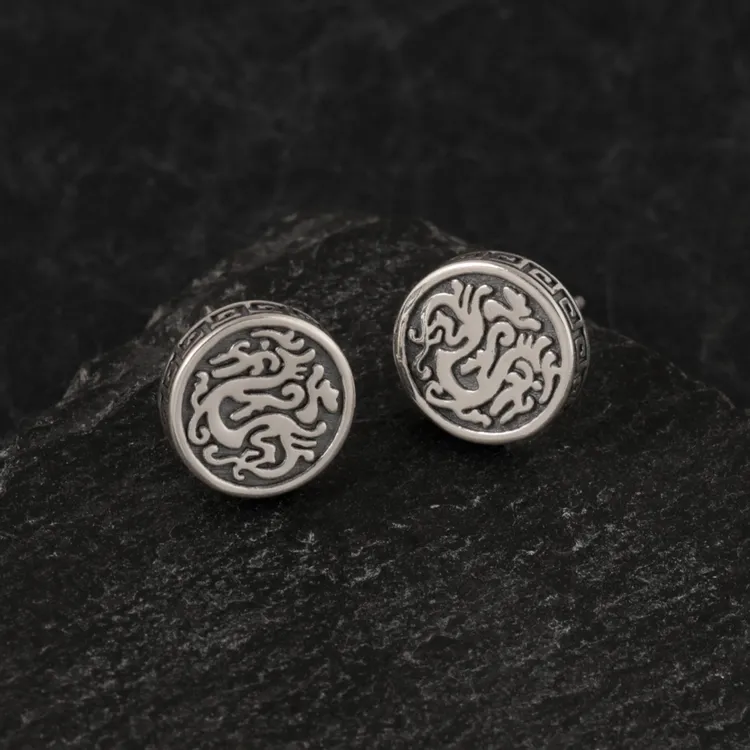 925银耳饰 复古做旧龙纹银针耳钉个性小众生肖本命年耳饰潮流耳环