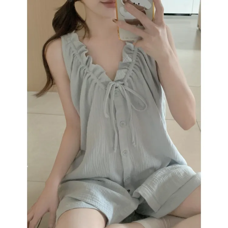 简约纯色无袖双层纱睡衣女夏季纯棉纱布吊带短裤舒适家居服套装薄