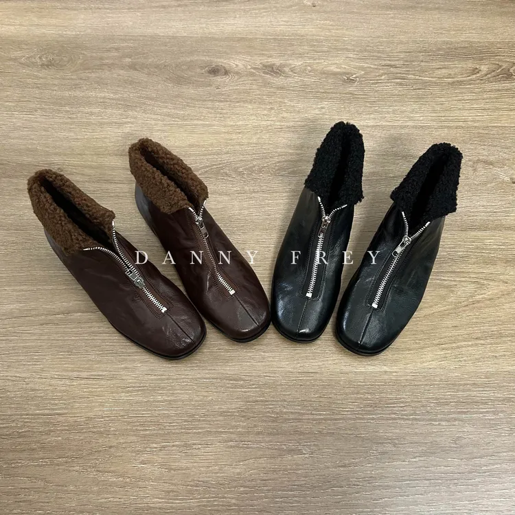 Dannyfrey秋冬韩版手工复古做旧感拉链羊皮烟筒女加绒保暖短靴3CM