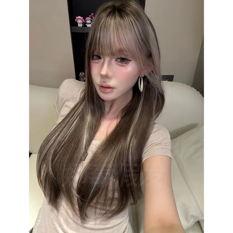 娜莓【银河灰迹】挑染奶灰自然长直发齐刘海自然女生网感全头套假发