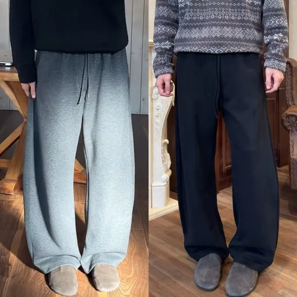 冬季加绒加厚毛呢弯刀休闲裤男士简约高级感时尚百搭垂感运动卫裤