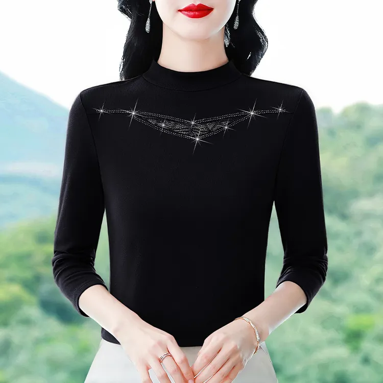 双面德绒打底衫女内搭2025秋冬新款烫钻小衫长袖T恤加厚保暖上衣