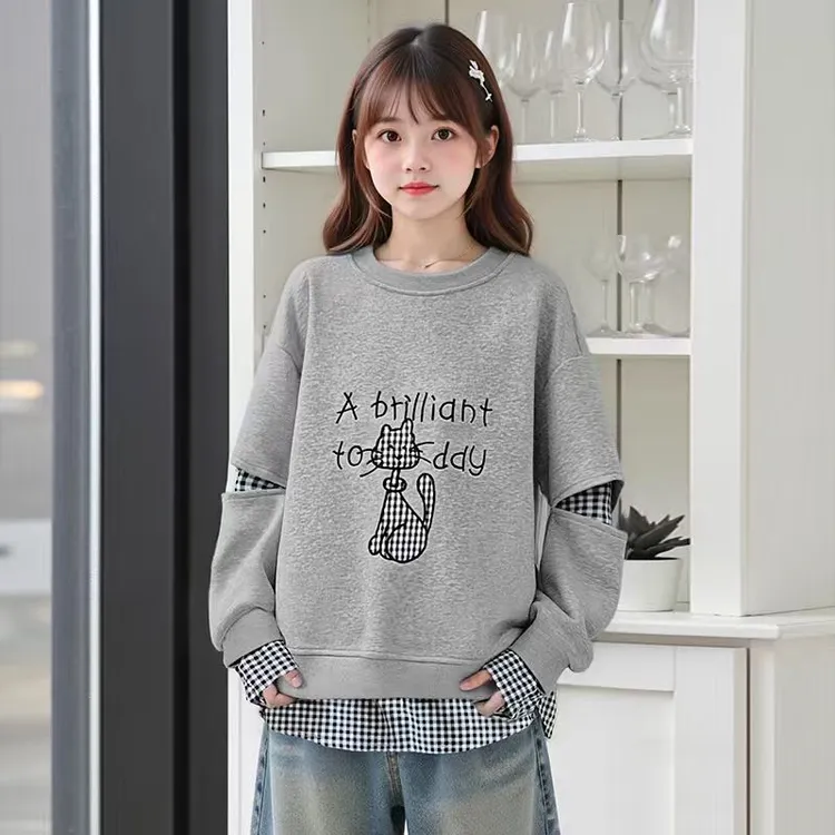 女童秋冬卫衣韩版儿童圆领刺绣衣服秋季女大童长袖休闲风时尚上衣