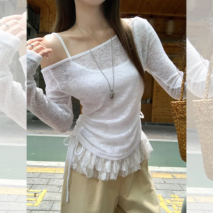 甜辣妹纯欲蕾丝拼接薄款长袖防晒罩衫夏季新款抽褶露肩上衣