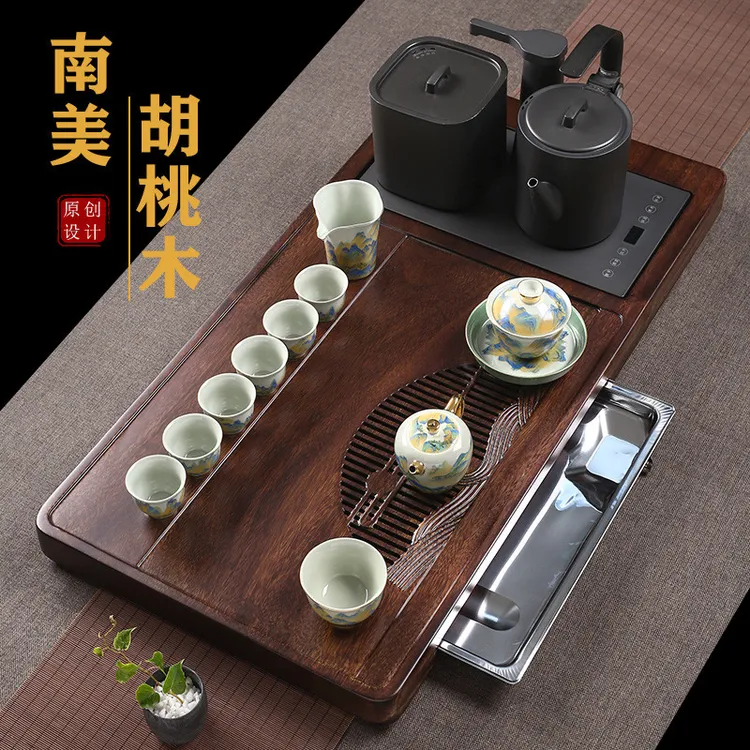 山冷胡桃木茶盘套装天然整块家用全自动烧水壶一体茶台高档送礼