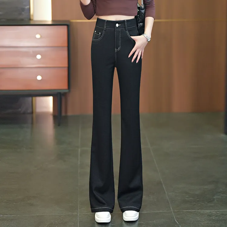 高腰秋季牛仔裤黑色弹力料子裤子长裤黑色裤子百搭显瘦微喇叭