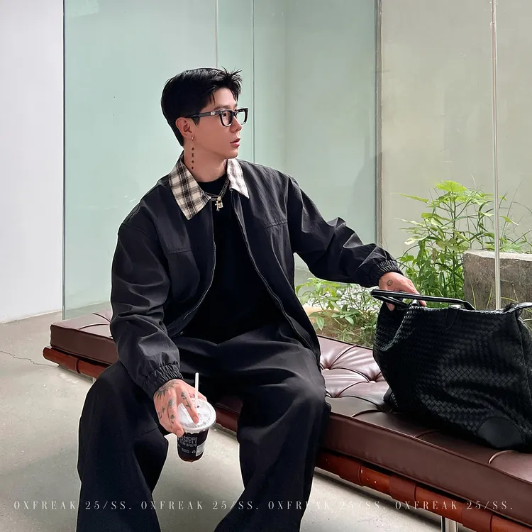 OXFREAK「威尔士 老钱风」撞色格子领夹克男短款宽松翻领外套秋季