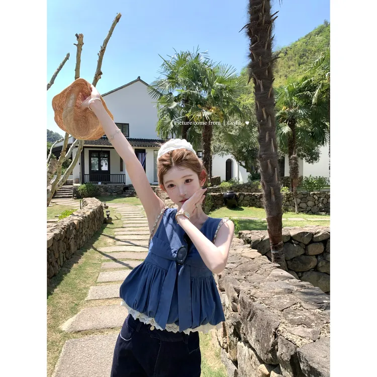 迟伞伞海岛碎片蝴蝶结拼蕾丝棉质牛仔无袖上衣原色小众牛仔裤