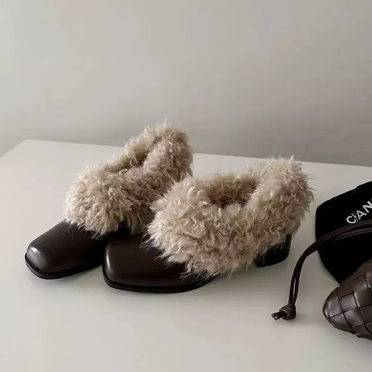 方头毛毛鞋一脚蹬复古加绒保暖玛丽珍小皮鞋棉鞋粗跟单鞋