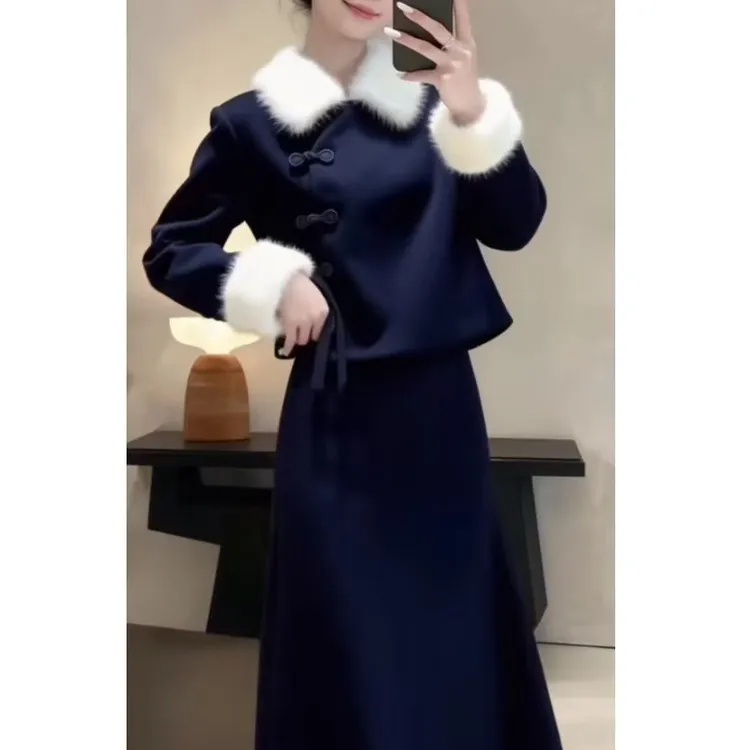 新中式名媛上衣外套女2025新款加绒斜襟盘扣洋气质半身裙时尚套装