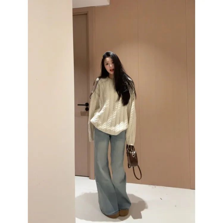 秋冬温柔风软糯针织衫毛衣上衣搭简约牛仔裤气质女套装