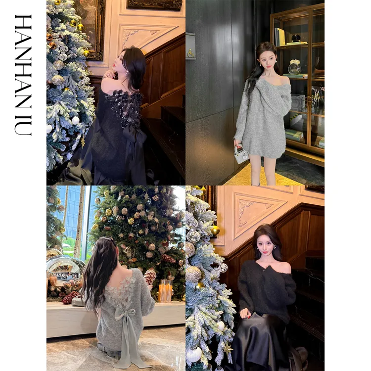 韩韩IU【天鹅湖之恋】高定绵羊毛法式轻奢气质重工绣花宽松慵懒毛衣