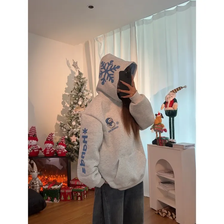 HandSeven美式圣诞小雪人重磅连帽卫衣秋冬雪花撞色情侣保暖上衣