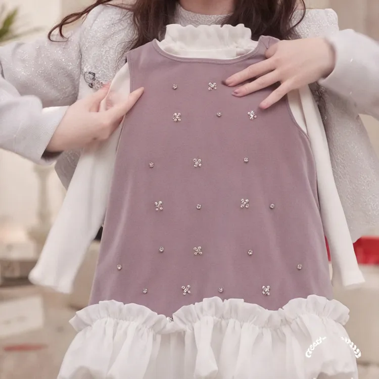 2025新款女童丝绒秋冬连衣裙无袖拼接花边时尚百搭宝宝加绒背心裙