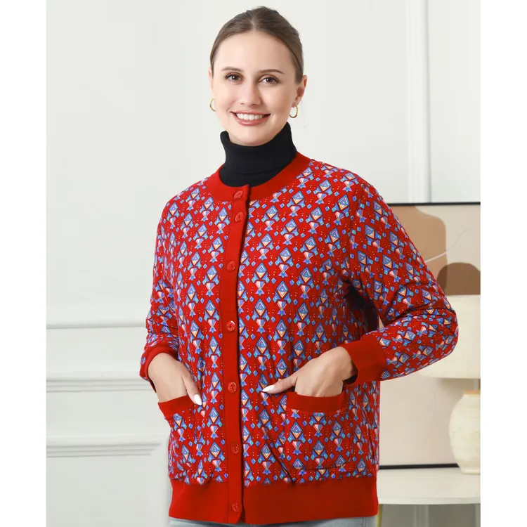 蚕丝羊毛保暖开衫数码印花民族风妈妈装中老年加厚大码气质