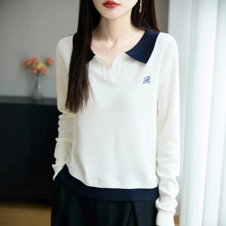 polo领精纺针织衫女秋冬新款学院风薄款毛衣韩系百搭休闲上衣