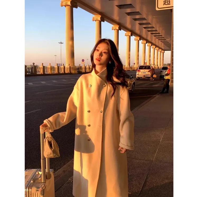 【日耳曼】100羊毛大衣女2025立领温柔长款加厚显瘦宽松双面外套女