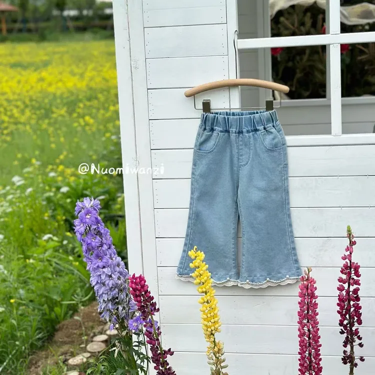 丸子十【时尚穿搭】儿童夏季裤腿花边牛仔九分裤（夏款）WZJ-52257