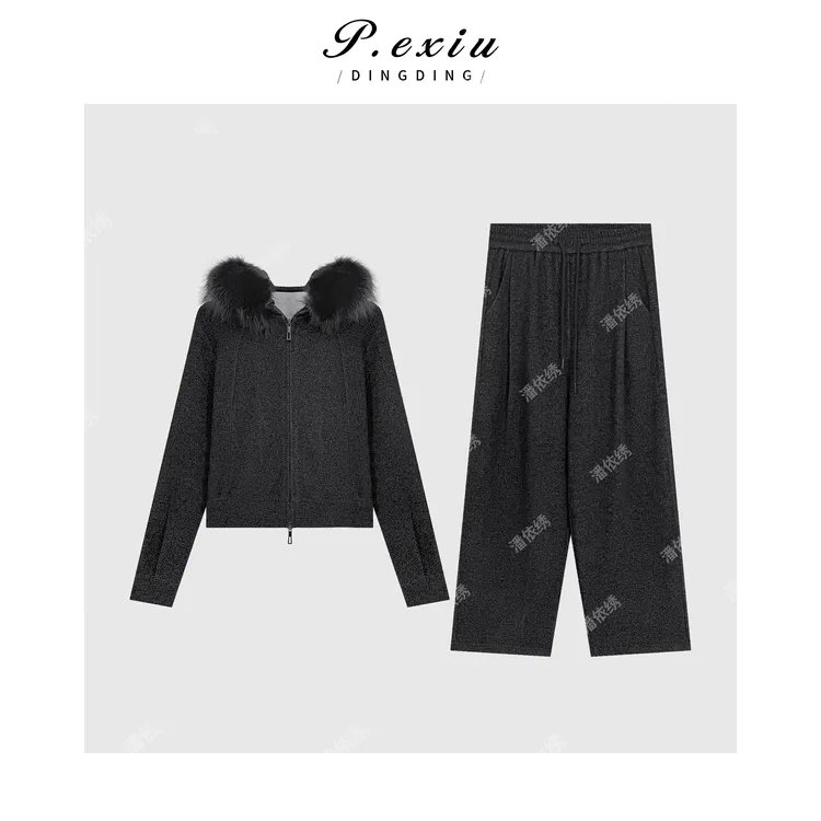 羊毛人丝加厚绒感可拆毛领松弛高级感套装 W-63578