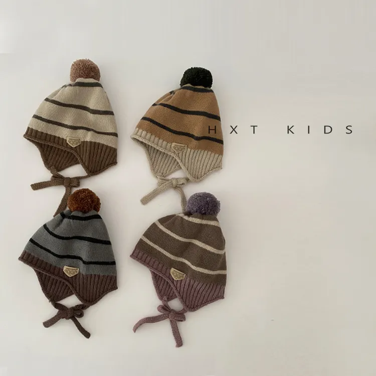 儿童护耳帽秋冬季洋气毛球条纹系带针织帽男童女童宝宝冬天毛线帽