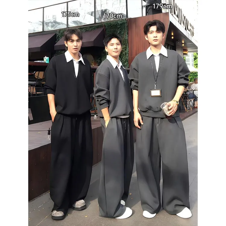 早秋运动套装男款假两件深v领卫衣韩系穿搭一整套慵懒风阔腿裤子