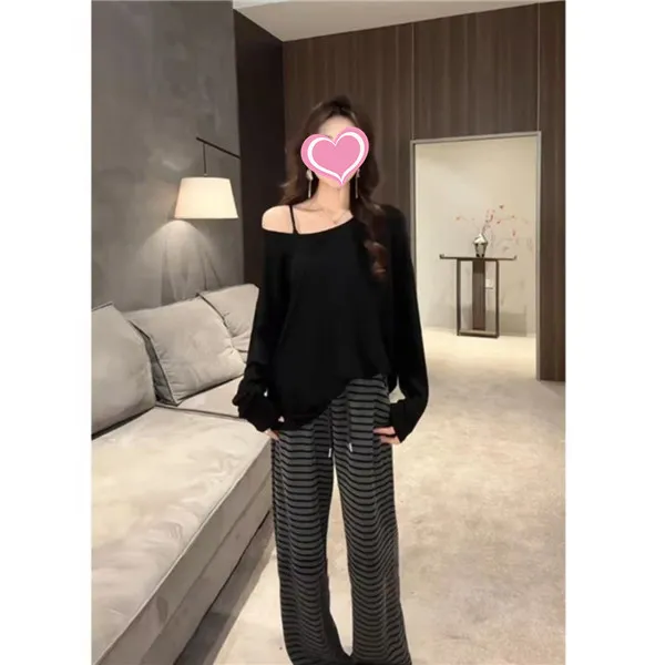 慵懒简约时尚大领口宽松长袖打底T恤女+高腰显瘦休闲阔腿裤套装