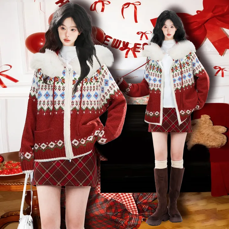 港风红色连帽提花针织开衫女秋冬氛围感穿搭宽松毛衣外套半裙新年