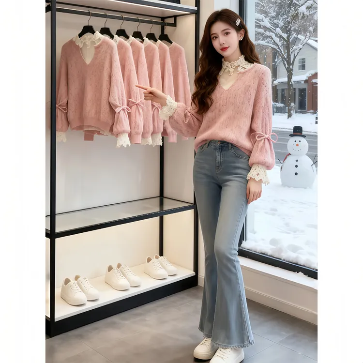 韩系甜美蕾丝拼接V领针织衫女秋冬季新款设计感别致减龄漂亮上衣