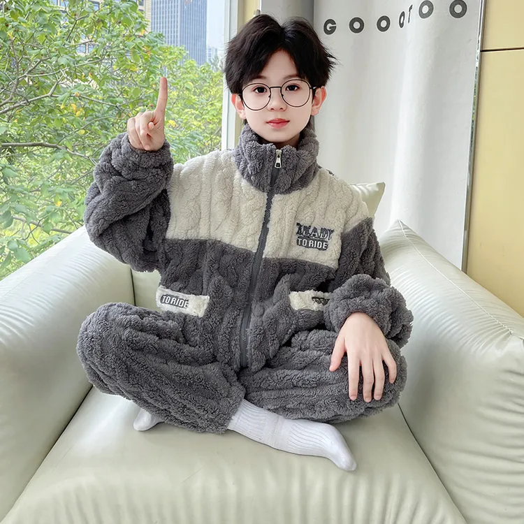 儿童装男童睡衣秋冬款家居服加绒冬季珊瑚绒大童男孩法兰绒加厚潮
