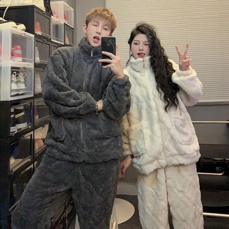 灰杏色拉链珊瑚绒加绒加厚睡衣秋冬季情侣爆款2025新款家居服套装