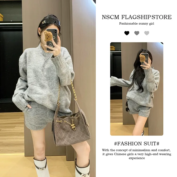 NSCM入秋衣服女套装穿搭灰色针织毛衣小个子休闲百搭短裤两件套