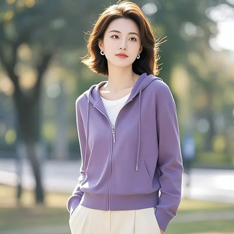 高级感紫色连帽外套女2026春秋新款休闲慵懒风宽松百搭短款上衣女