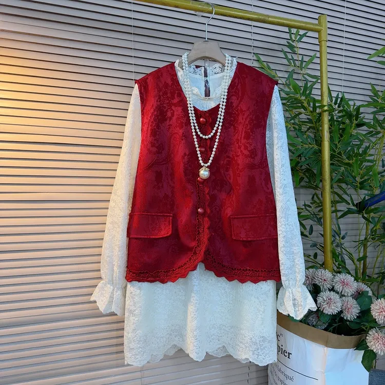 1201胖妹妹时尚潮流提花纯色马甲叠加中长款加衬蕾丝裙设计感套装