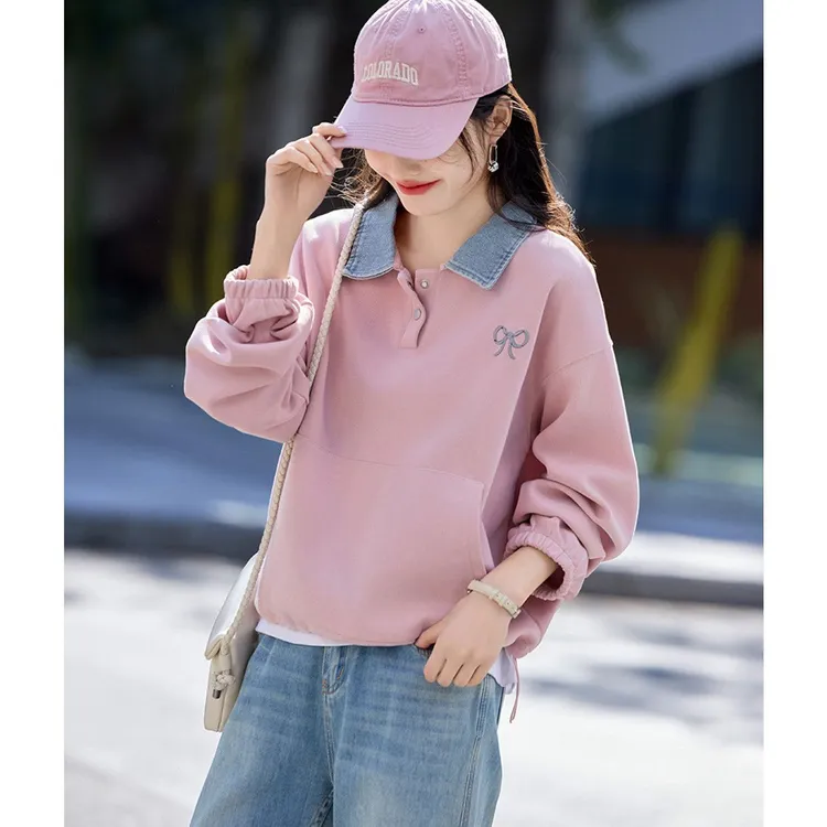 牛仔拼接假两件上衣2025年春季新款学院风少女减龄刺绣宽松卫衣女