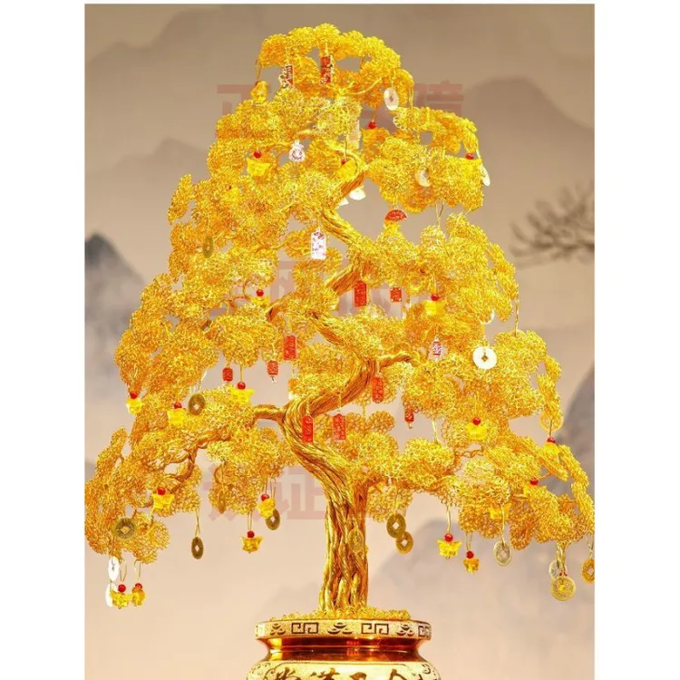 摇钱树手工编织铝线发财树摆件工艺品电视柜装饰品手工编织发财树