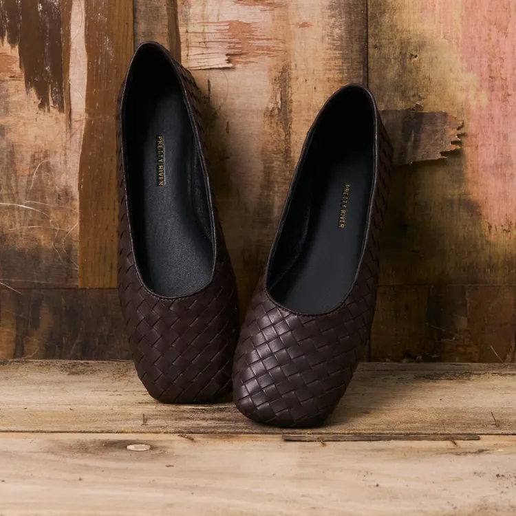 PrettyRiver复古棕手工编织牛皮罗马平底芭蕾鞋玛丽珍浅口单鞋女
