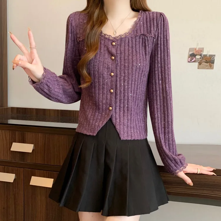 大码女装针织洋气法式复古减龄衬衫圆领紫色气质方领法式长袖上衣