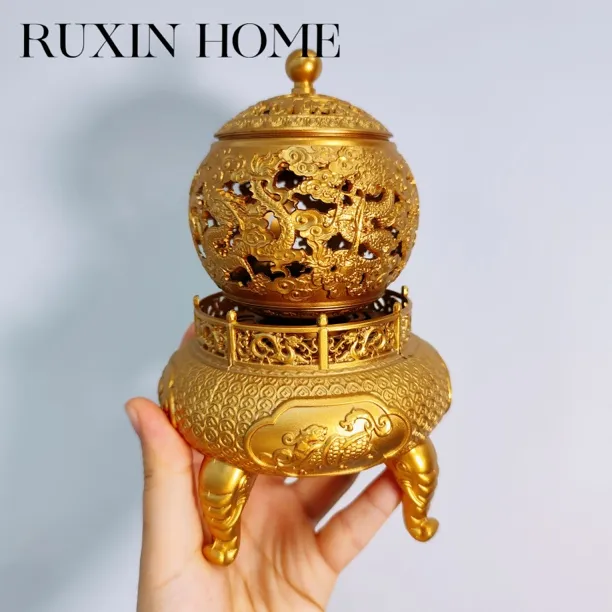如馨黄铜九龙香炉桌面摆件工艺品