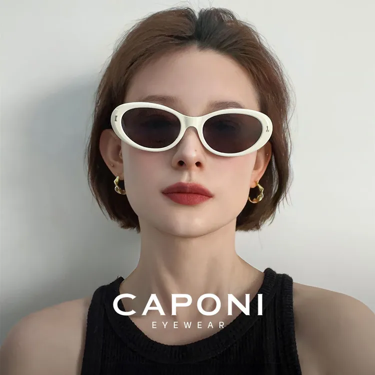 CAPONI椰椰镜椭圆白框猫眼墨镜女2025新款高级感防紫外线太阳眼镜