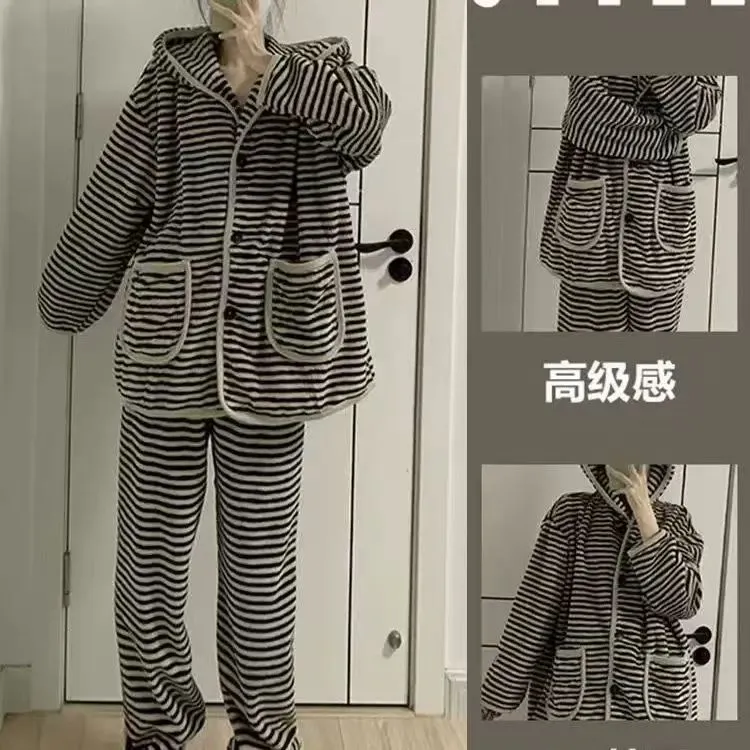 【靓衣园】时尚韩版条纹法兰绒连帽长袖+长裤两件套（3509）
