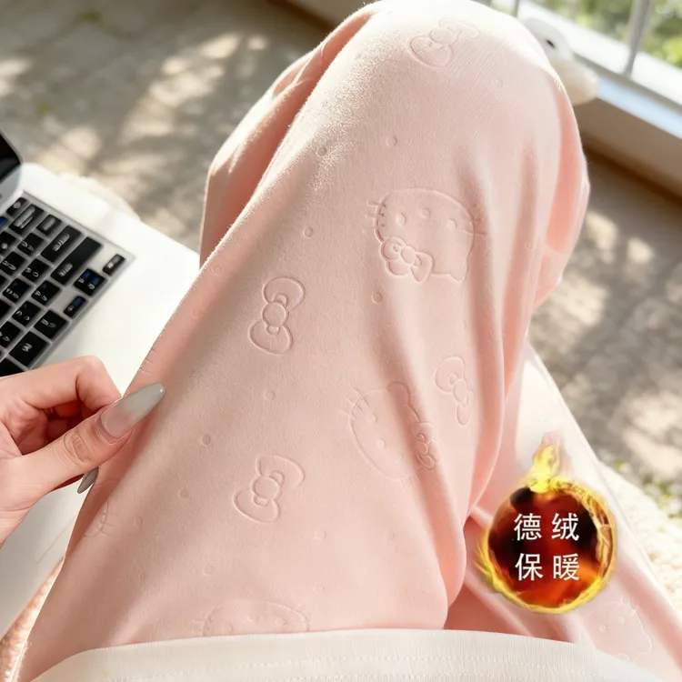 大码秋冬加绒女睡裤秋冬季遛弯裤子软糯德绒保暖睡裤女长裤kt猫裤