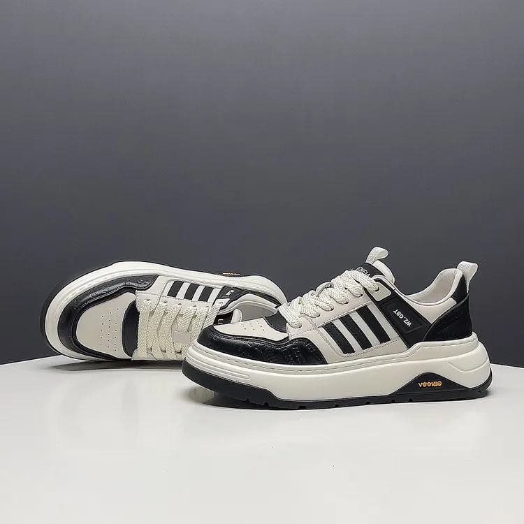 三道杠头层牛皮黑白色休闲板鞋轻奢休闲男鞋小白鞋透气百搭真皮