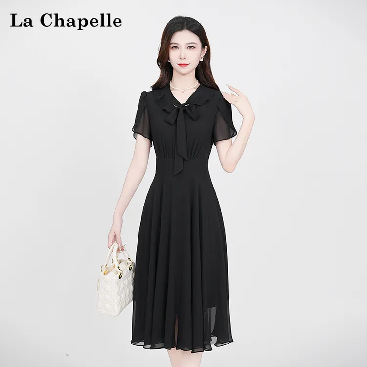La Chapelle/拉夏贝尔夏季法式设计感时尚黑色显瘦松紧腰连衣裙