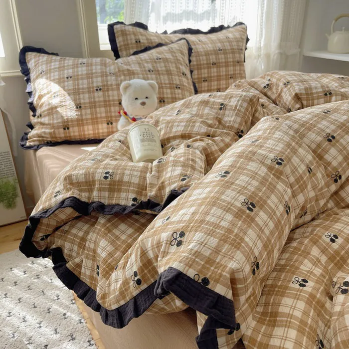 法式双层纱花边四件套云感木棉皱皱纱床单被套三件套四季床上用品